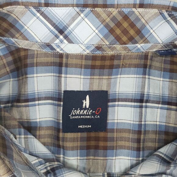 Johnnie O Riva Hangin Out Havana Blue Brown Plaid Shirt Men M Hawaiian JMWL 8620 - Picture 3 of 9